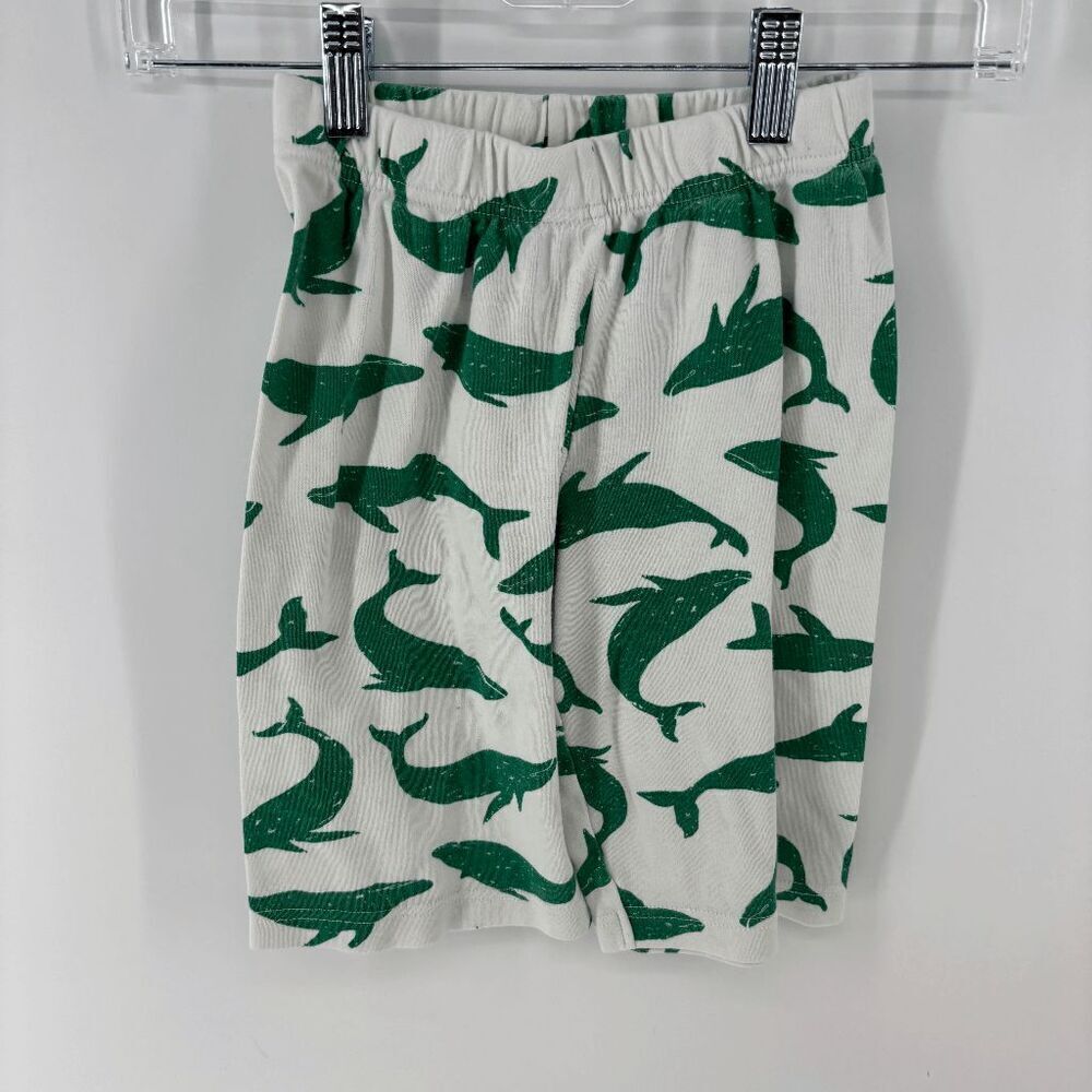 Mini Boden Kid's White Green Elastic Waist Sea Pine Shark Print Shorts Size 5-6y